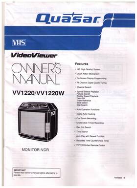 Quasar Vv1220 Vhs Monitor Vcr Video Viewer / Vv1220w Owners Manual Only
